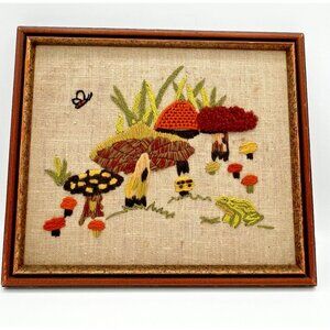 Vintage 1970s Mushroom Crewel Embroidery on fabric Needlework Framed 13" x 11"